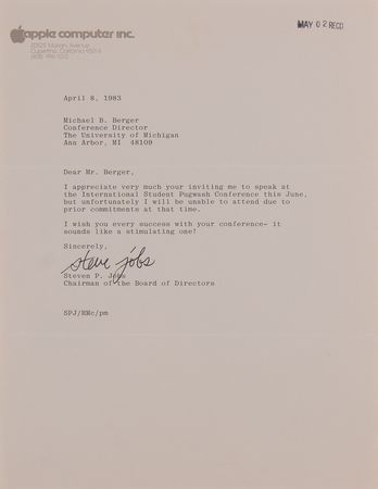 Lot #4027 Steve Jobs Typed Letter Signed, Declining Speaking Invitation from the University of Michigan (1983) - Image 2