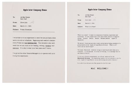 Lot #4033. Steve Jobs (2) Apple Inter-Company Memos: "Effective immediately, our official name will be the Macintosh Division"