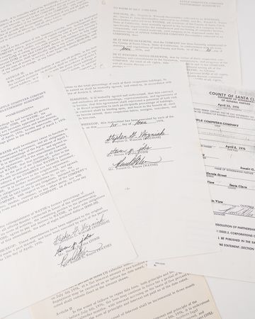 Lot #4034. Apple Computer Company Founding Documents Group of (4) Mimeograph Copies Including the Partnership Agreement, Amendment, and Ronald Wayne Withdrawal
