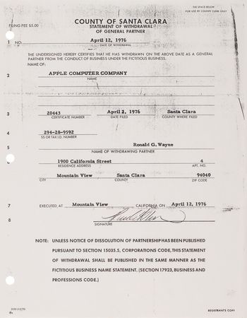 Lot #4034 Apple Computer Company Founding Documents Group of (4) Mimeograph Copies Including the Partnership Agreement, Amendment, and Ronald Wayne Withdrawal - Image 6