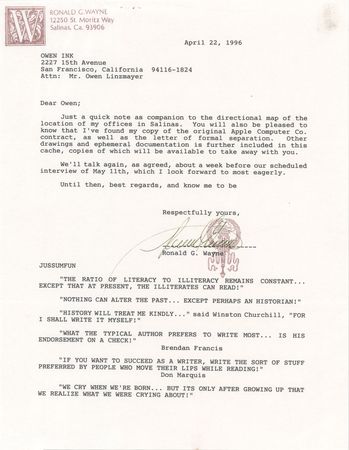Lot #4035 Ron Wayne Collection of (5) Typed Letters Signed to Apple Confidential Author Owen Linzmayer, with Hand-Drawn Map, Apple-Founding Notes, and Inscribed Books - Image 3