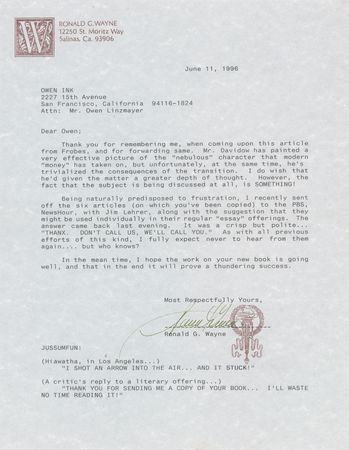 Lot #4035 Ron Wayne Collection of (5) Typed Letters Signed to Apple Confidential Author Owen Linzmayer, with Hand-Drawn Map, Apple-Founding Notes, and Inscribed Books - Image 5