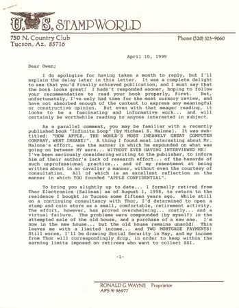 Lot #4035 Ron Wayne Collection of (5) Typed Letters Signed to Apple Confidential Author Owen Linzmayer, with Hand-Drawn Map, Apple-Founding Notes, and Inscribed Books - Image 6