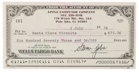 Lot #4001. Steve Jobs Signed 1976 Apple Computer Company Check to Santa Clara Circuits, Linked to the First Apple-1 Boards