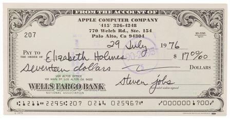 Lot #4002. Steve Jobs Signed 1976 Apple Computer Company Check to Apple's First Bookkeeper, Elizabeth Holmes