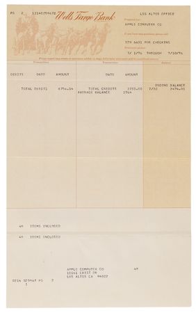 Lot #4005 Steve Jobs: July 1976 Wells Fargo Account Statements for Apple Computer Co. - Tracing the Funds Behind Early Apple-1 Production - Image 3