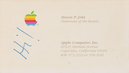Lot #4003. Steve Jobs Personally-Owned Apple Computer Business Card, with Handwritten Note to His Father: "Hi!"