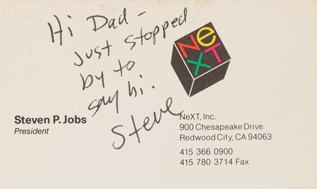 Lot #4004. Steve Jobs Signed NeXT, Inc. Business Card with Handwritten Note to His Father
