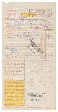 Lot #4022. Steve Jobs: 1976-77 Sears Invoice for Roller Combo Tool Cabinet Purchased by Apple Computer Co.