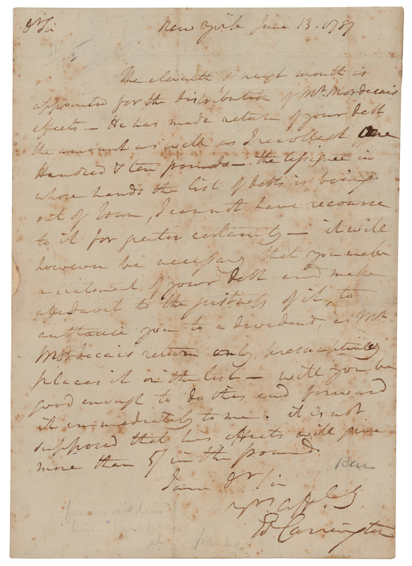 Lot 1 James Monroe Docketed Letter by Edward Carrington, Reclaiming Money Owed by an Associate of Haym Salomon