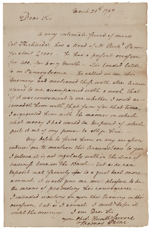 Lot 77 Thomas Paine Rare Autograph Letter Signed, Interceding with the President of the Bank of North America