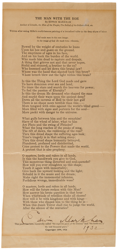 Lot 305 Edwin Markham Signed Souvenir Typescript of 'The Man with the Hoe'