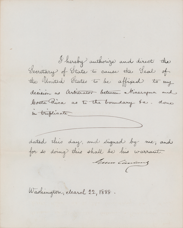 Lot 25 Grover Cleveland Document Signed as President, Resolving a Border Dispute between Nicaragua and Costa Rica