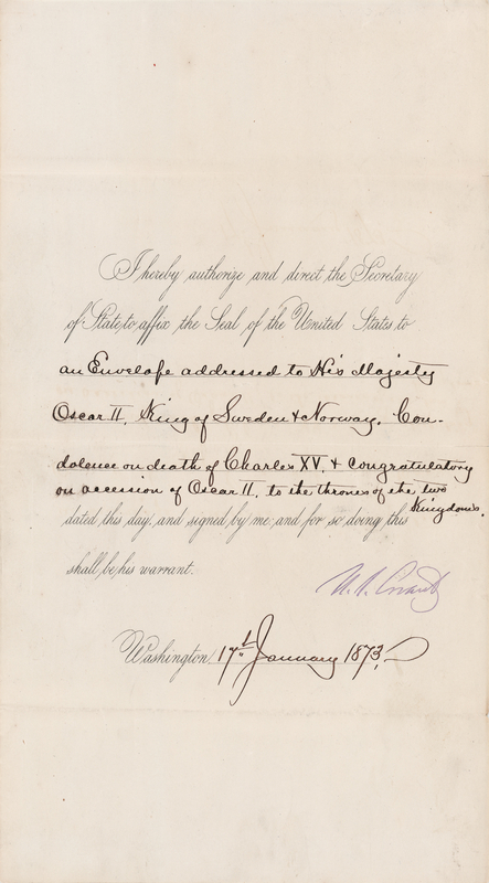 Lot 10 U.S. Grant Document Signed as President, Acknowledging the Death of King Charles XV of Sweden and Norway, and the Ascension of Oscar II to the Thrones