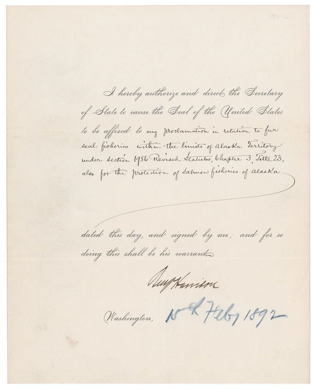 Lot 13 Benjamin Harrison Document Signed as President, Prohibiting the Hunting of Fur Seals in Alaska and Bering Sea