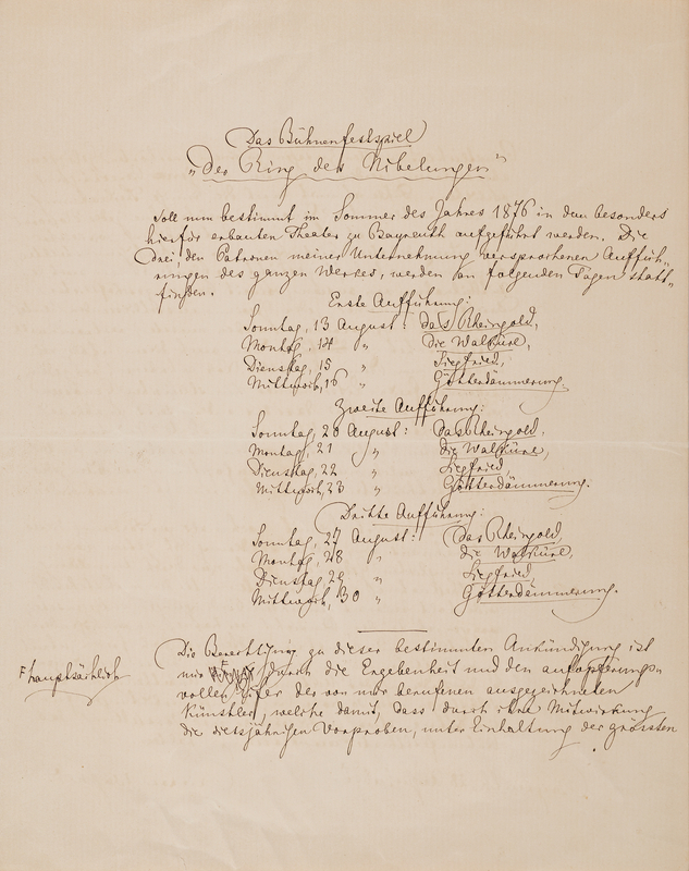 Lot 363 Richard Wagner Autograph Manuscript Signed, Announcing the Premiere of 'Der Ring des Nibelungen'