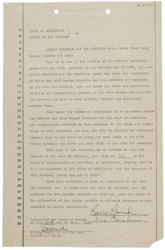 Lot 368 George and Ira Gershwin Document Signed, Allocating Their Earnings from RKO Studios