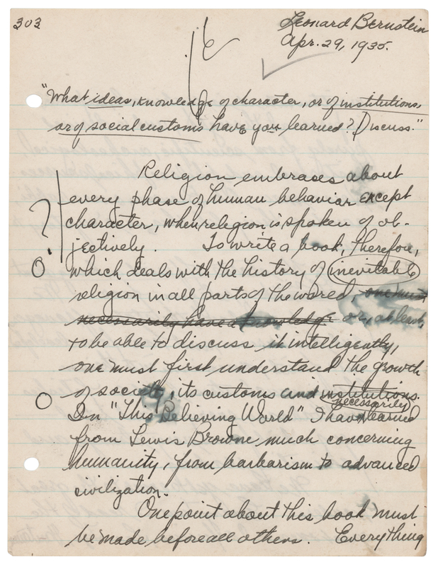 Lot 393 Leonard Bernstein Twice-Signed Autograph Manuscript on Religion: 