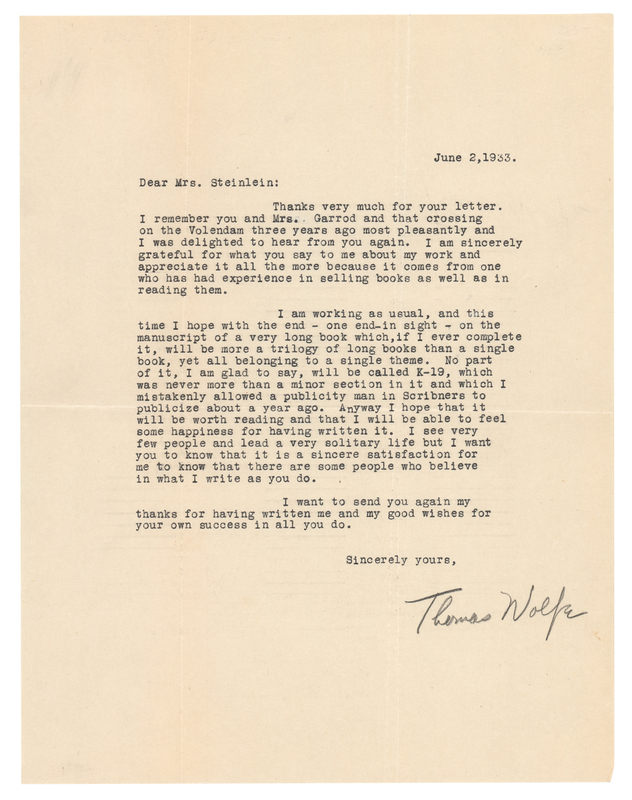 Lot 333 Thomas Wolfe Typed Letter Signed on the Composition of Of Time and the River and “K-19”