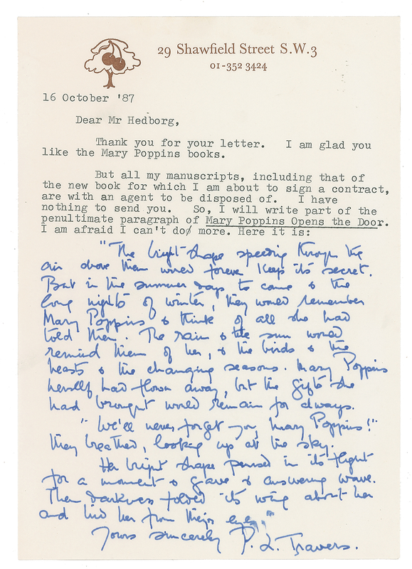 Lot 331 P. L. Travers Typed Letter Signed with Lengthy Handwritten Passage from Mary Poppins Opens the Door