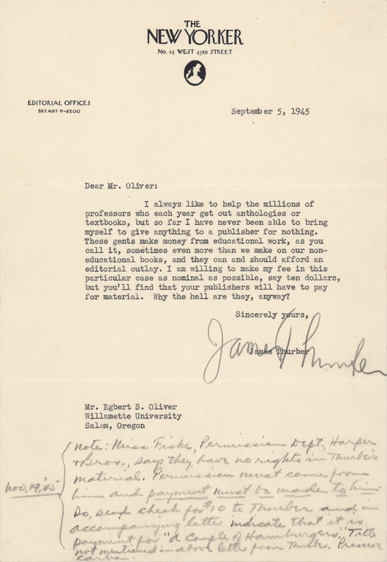 Lot 330 James Thurber Typed Letter Signed on Literary Rights and Publisher Payments