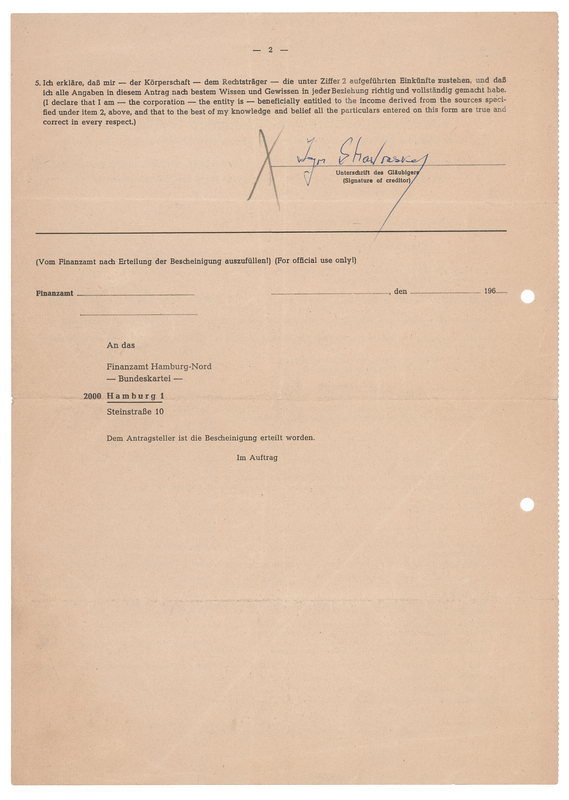Lot 398 Igor Stravinsky Signed Royalty Tax Exemption Document