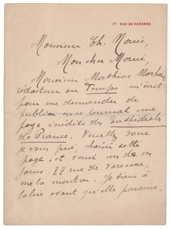 Lot 229 Auguste Rodin Autograph Letter Signed to Charles Morice, Concerning the Publication of Les Cathédrales de France in Le Temps