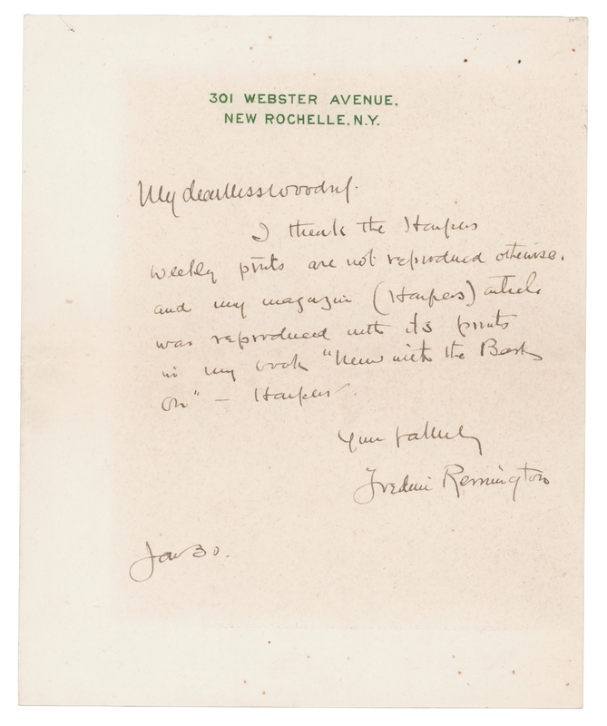 Lot 226 Frederic Remington Autograph Letter Signed on Harper's Weekly and His Book, Men with the Bark On