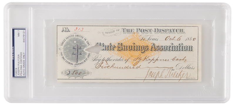 Lot 150 Joseph Pulitzer Signed Check - PSA NM 7