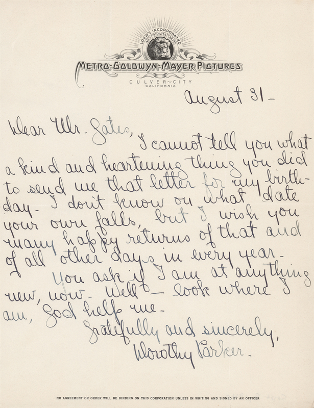 Lot 313 Dorothy Parker Autograph Letter Signed - 