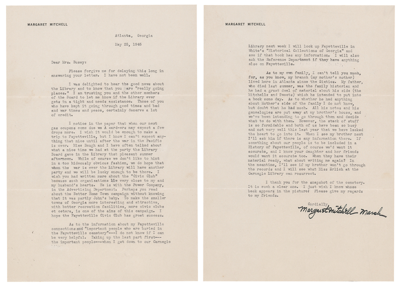 Lot 309 Margaret Mitchell Typed Letter Signed on Wartime Rationing, Family History, and Life in Atlanta (1945)