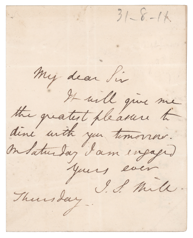 Lot 307 John Stuart Mill Autograph Letter Signed to Utilitarian Philosopher Jeremy Bentham