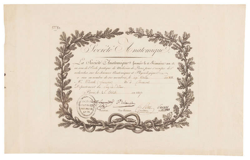 Lot 140 René Laennec Signed Société Anatomique Membership Certificate
