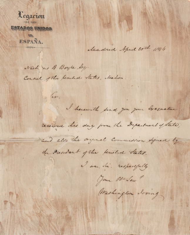 Lot 300 Washington Irving Autograph Letter Signed as U.S. Minister to Spain, Concerning a Commission Signed by President James K. Polk