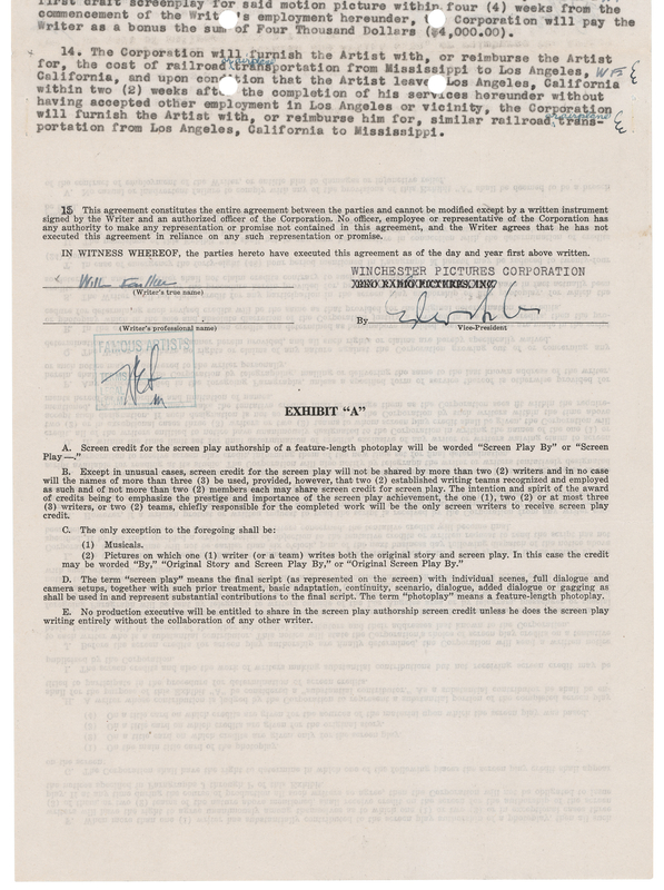 Lot 289 William Faulkner Signed Screenwriting Contract for The Left Hand of God (1951)