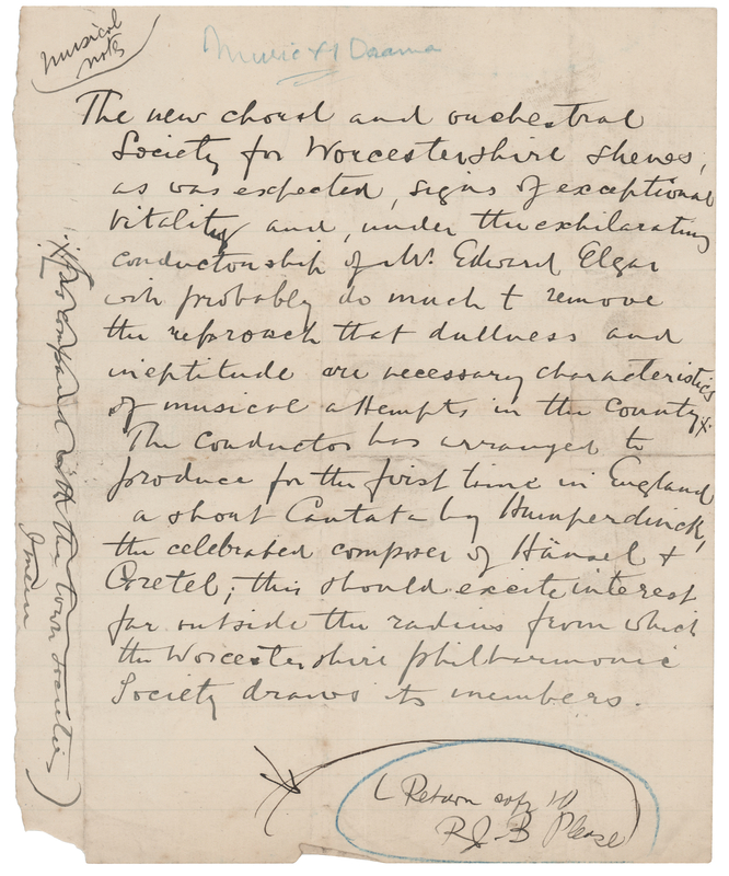 Lot 395 Edward Elgar Autograph Manuscript Signed on the Worcestershire Philharmonic Society