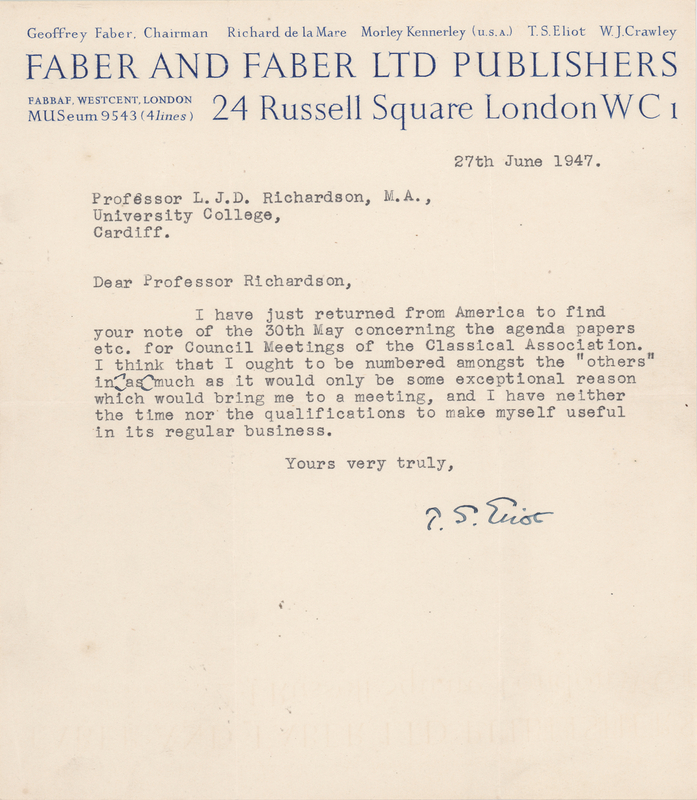 Lot 286 T. S. Eliot Typed Letter Signed