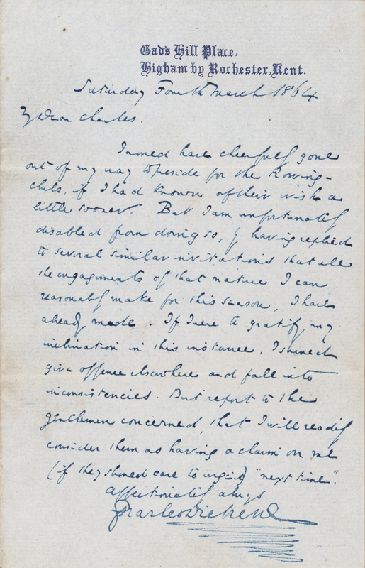 Lot 245 Charles Dickens Autograph Letter Signed to His Son, Charles Dickens, Jr., Concerning a Rowing Club Invitation (1864)