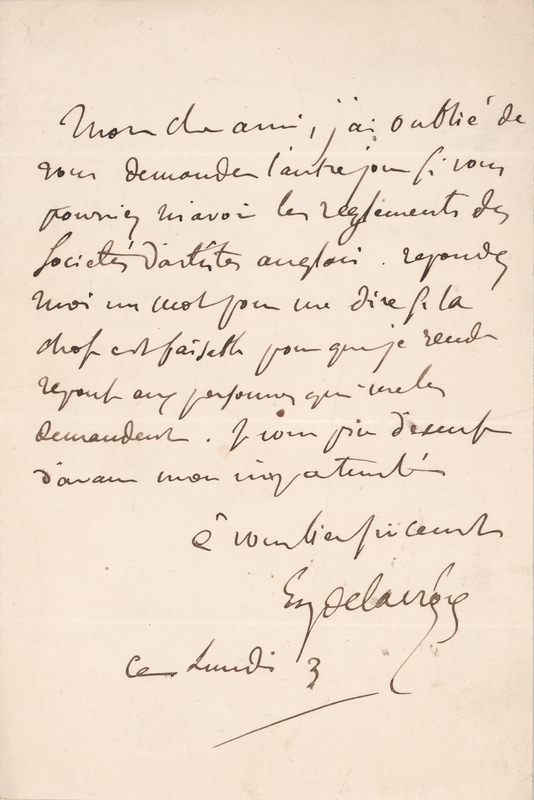 Lot 200 Eugène Delacroix Autograph Letter Signed Regarding the Society of English Artists
