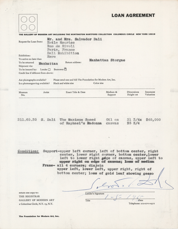 Lot 215 Salvador Dali Document Signed - Loan Agreement for 'The Maximum Speed of Raphael's Madonna'