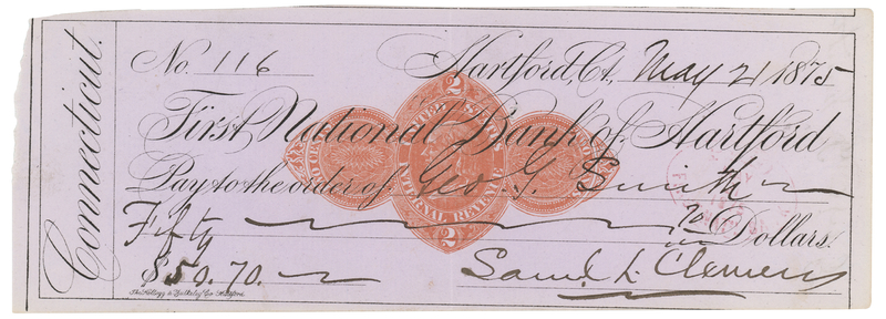 Lot 241 Samuel L. Clemens Signed Check, Dated to the Composition of The Adventures of Tom Sawyer