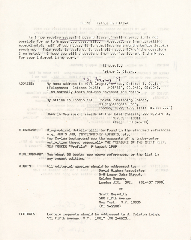 Lot 278 Arthur C. Clarke Signed Information Circular (1976)