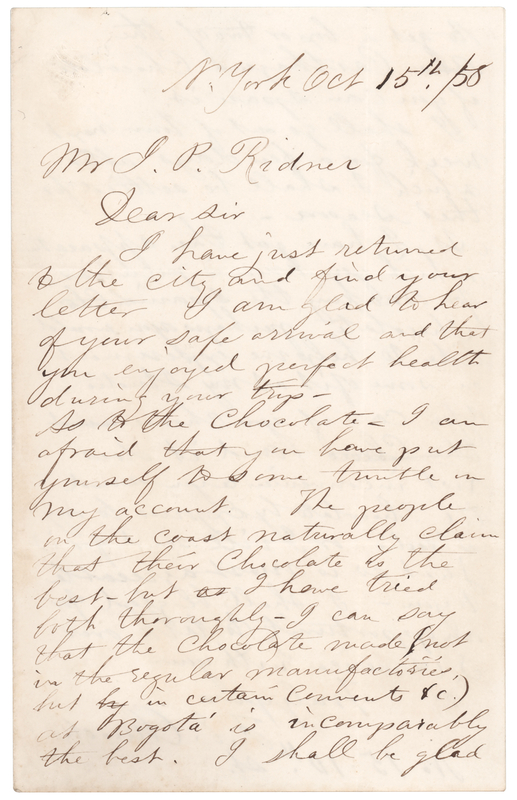 Lot 213 Frederic Edwin Church Autograph Letter Signed on Colombian Chocolate and South America
