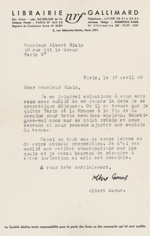 Lot 274 Albert Camus Typed Letter Signed: 
