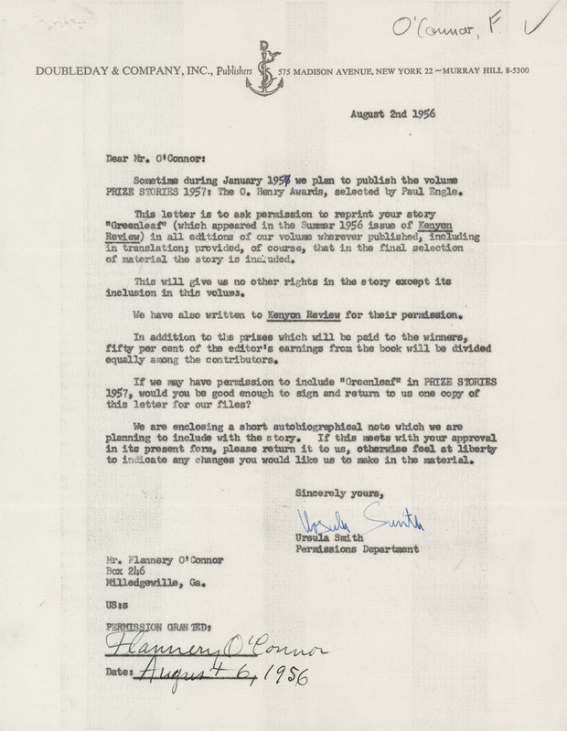 Lot 311 Flannery O'Connor Document Signed for O. Henry Award-Winning Story 'Greenleaf'