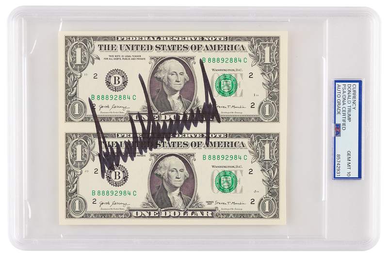 Lot 64 Donald Trump Signed Uncut $1 Dollar Bills - PSA GEM MINT 10