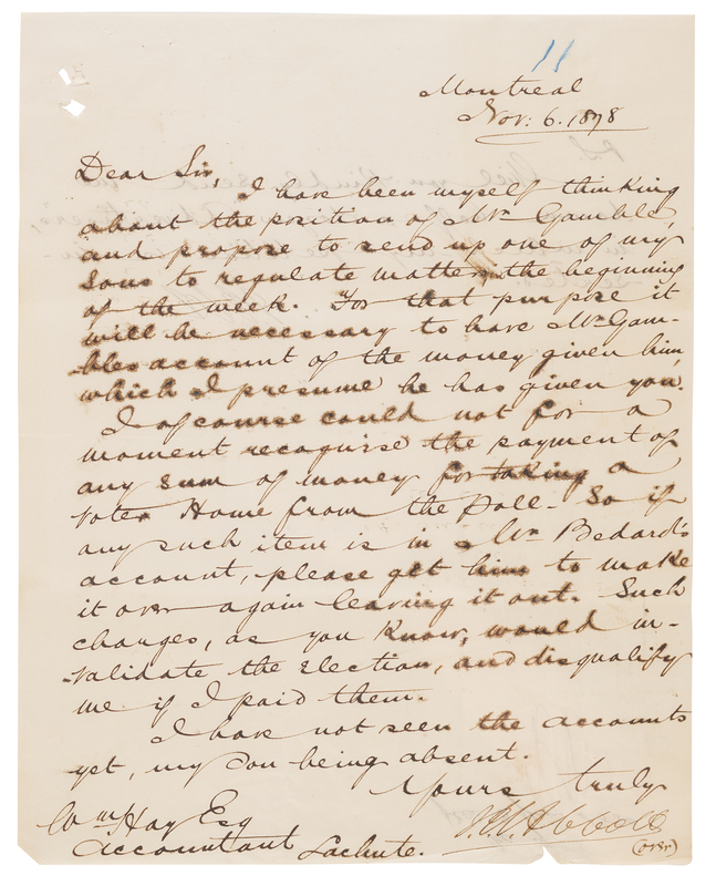 Lot 121 John Abbott Letter Signed on an Election Bribery Scandal: 