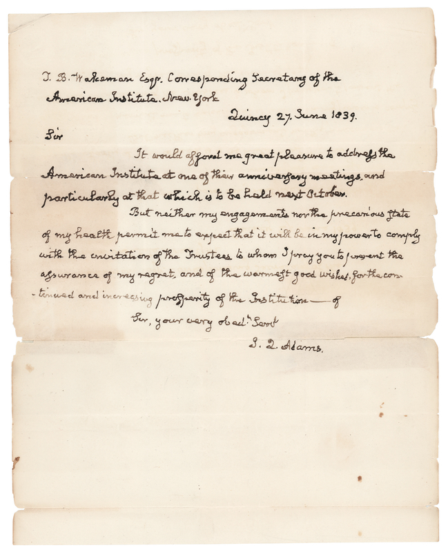 Lot 2 John Quincy Adams Autograph Letter Signed, Regretting That His 