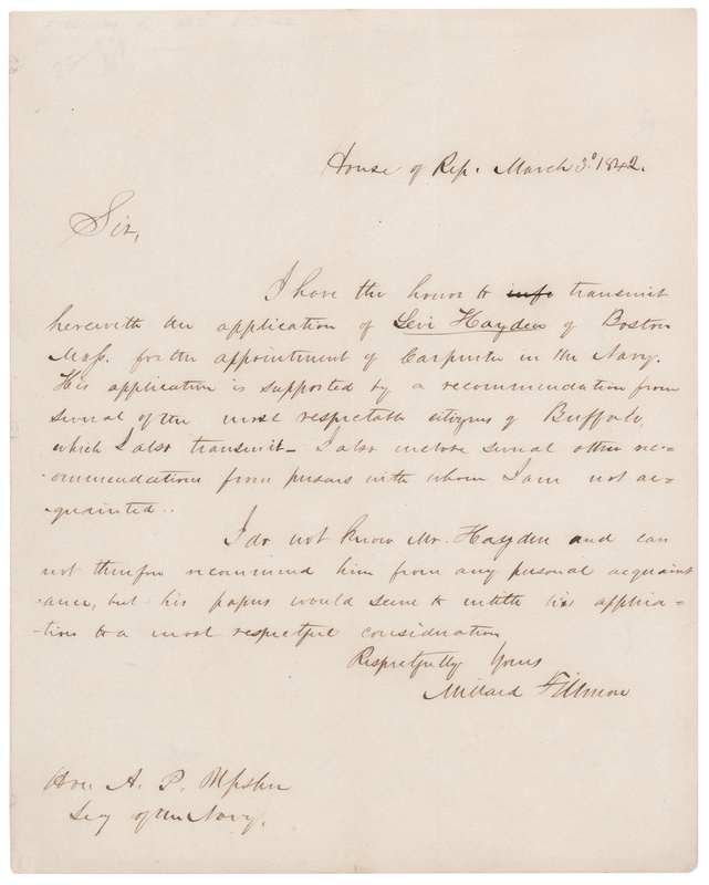 Lot 7 Millard Fillmore Autograph Letter Signed Recommending an Appointment as 