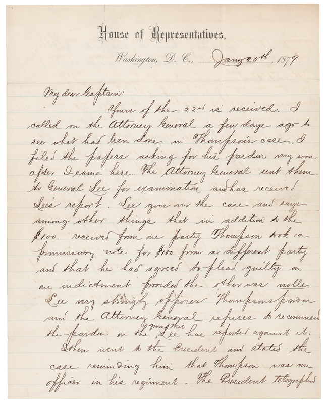 Lot 30 James A. Garfield Letter Signed on a Presidential Pardon Appeal - Hayes Orders Review of a Former Officer's Case